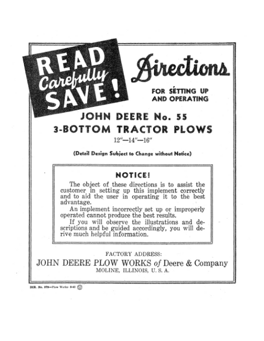 John Deere No. 55 Three-Bottom Tractor Plow Operator’s Manual (DIR379A) Workshop Guide