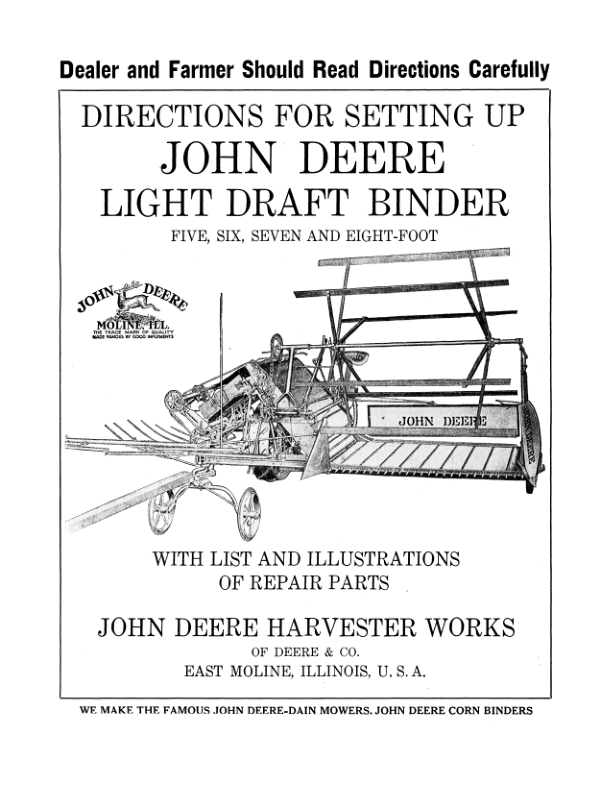 John Deere Setting Light Draft Binder (With Repair Parts) Operator’s Manual (DIR3D) Workshop Guide
