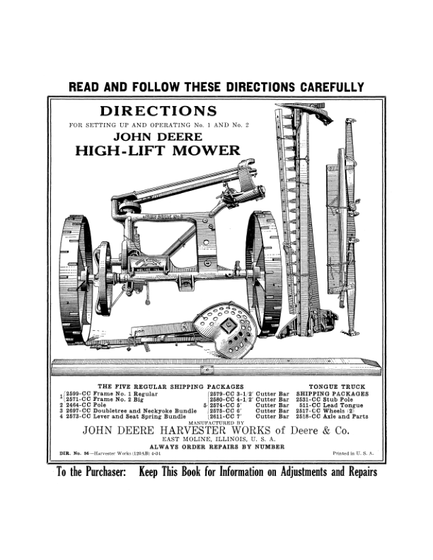 John Deere No. 1 & 2 High Lift Mowers Operator’s Manual (DIR56A) Workshop Guide