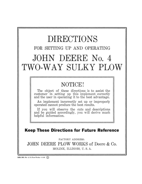 John Deere No. 4 Two-Way Sulky Plow Operator’s Manual (DIR74A) Workshop Guide
