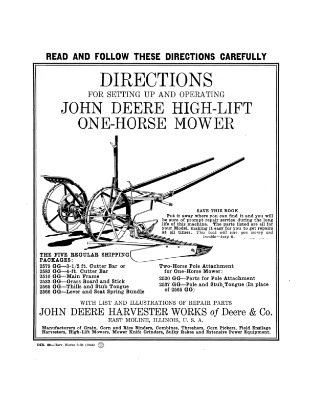 John Deere One Horse High-Lift Mower Operator’s Manual (DIR80A) Workshop Guide