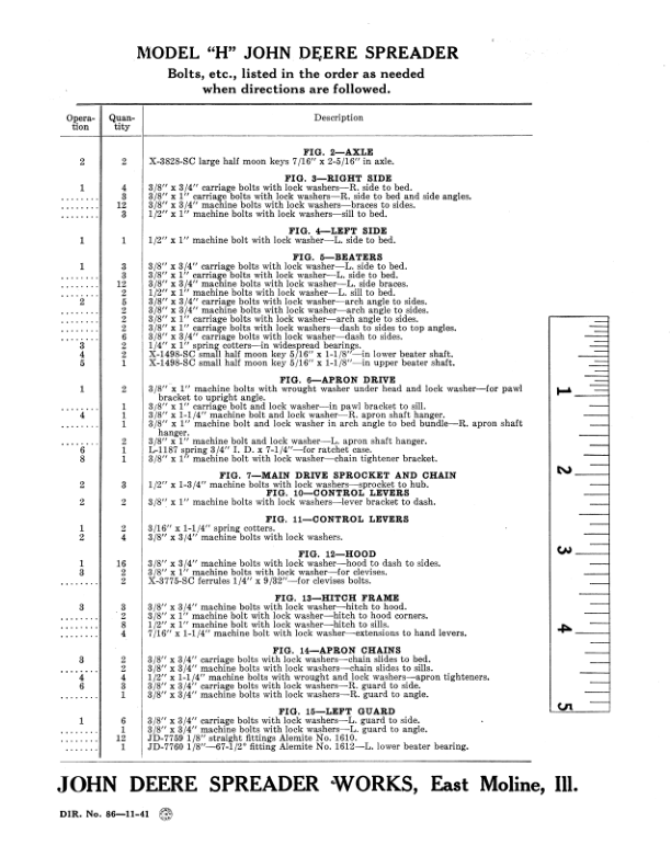 John Deere Model H Spreader – (Parts List for Bolts Only) Operator’s Manual (DIR86A) Workshop Guide