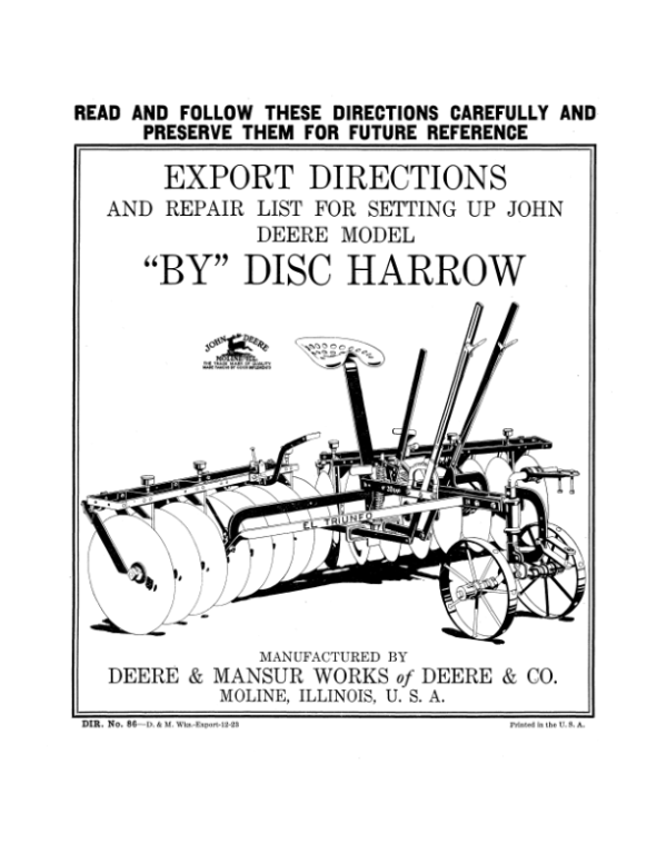 John Deere BY’ Disc Harrow Operator’s Manual (DIR86C) Workshop Guide