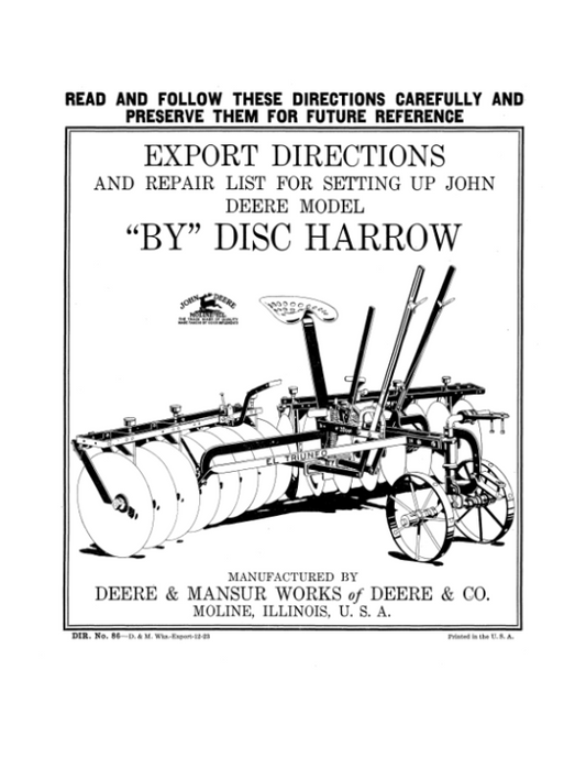 John Deere BY’ Disc Harrow Operator’s Manual (DIR86C) Workshop Guide