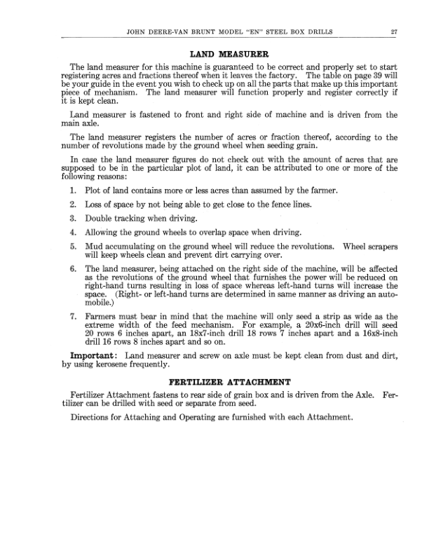 John Deere Van Brunt Steel Box Grain Drill – ‘EN’ Model Operator’s Manual (DIR94A) Workshop Guide