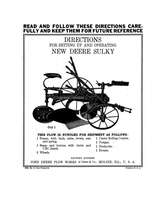 John Deere New Deere Sulky Plow Operator’s Manual (DIR9A) Workshop Guide