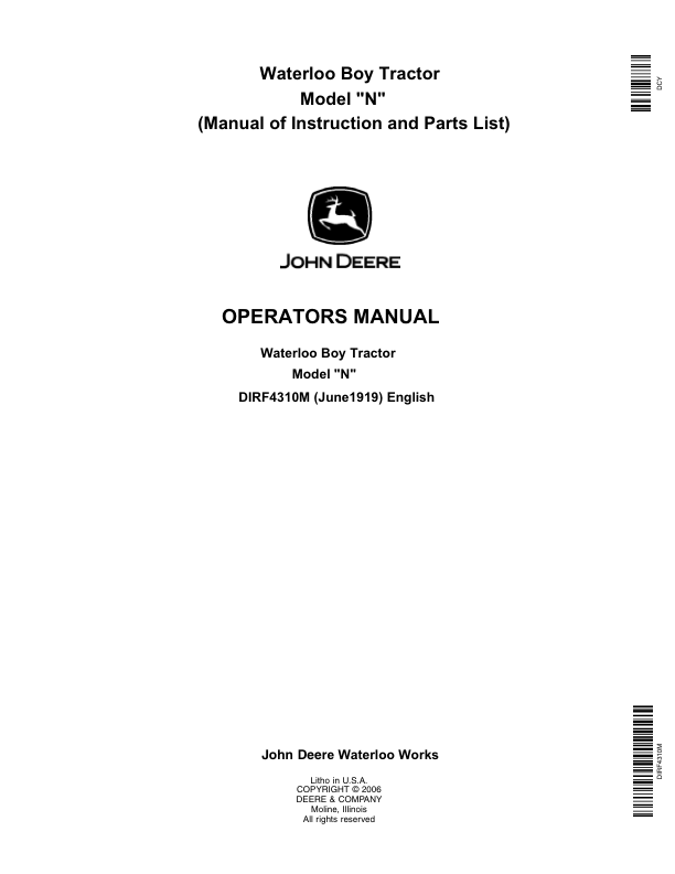 John Deere Waterloo Boy Tractor ‘N’ Model Operator’s Manual (DIRF4310M) Workshop Guide