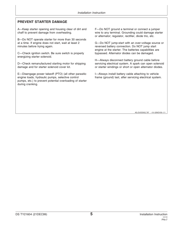 John Deere TY6702, TY6722, TY24305 12-Volt Remanufactured Starters Operator’s Manual (DSTY21604) Workshop Guide