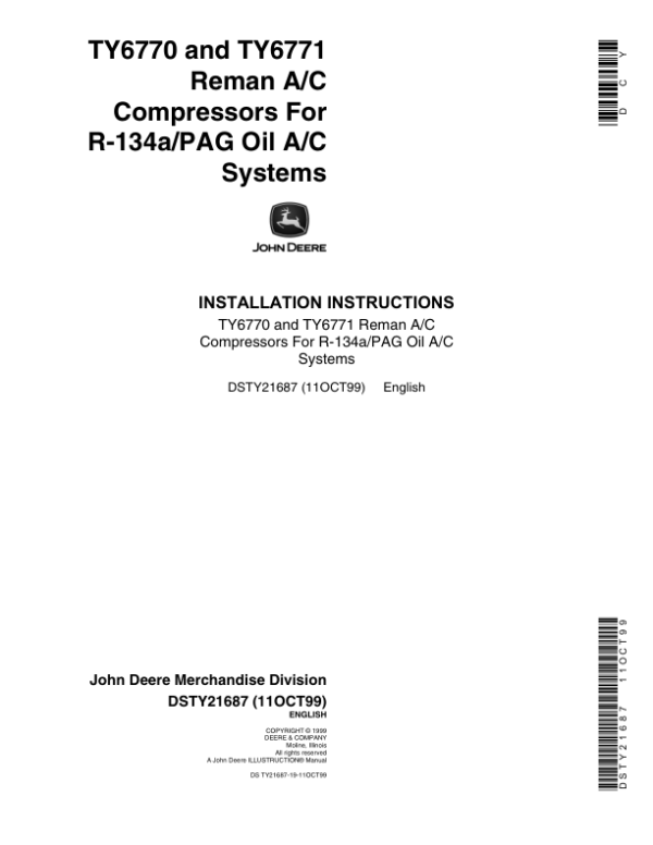 John Deere TY6770, TY6771 Remanufactured A/C Compressors Operator’s Manual (DSTY21687) Workshop Guide