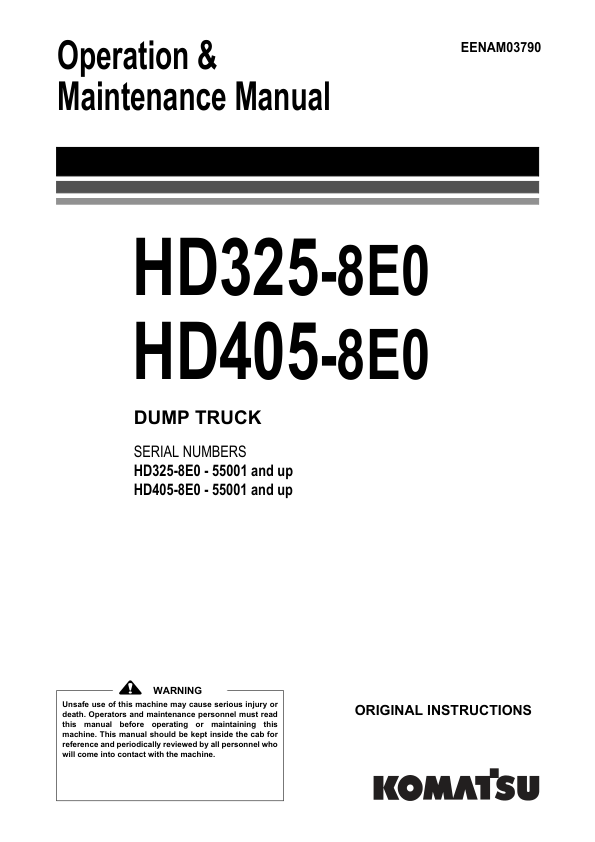 Komatsu HD325-8E0, HD405-8E0 Dump Truck Service Repair Manual Workshop Guide