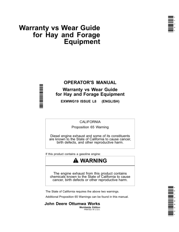 John Deere Warranty vs Wear Guidefor Hay, Forage Equipment Operator’s Manual (EXWWG19) Workshop Guide