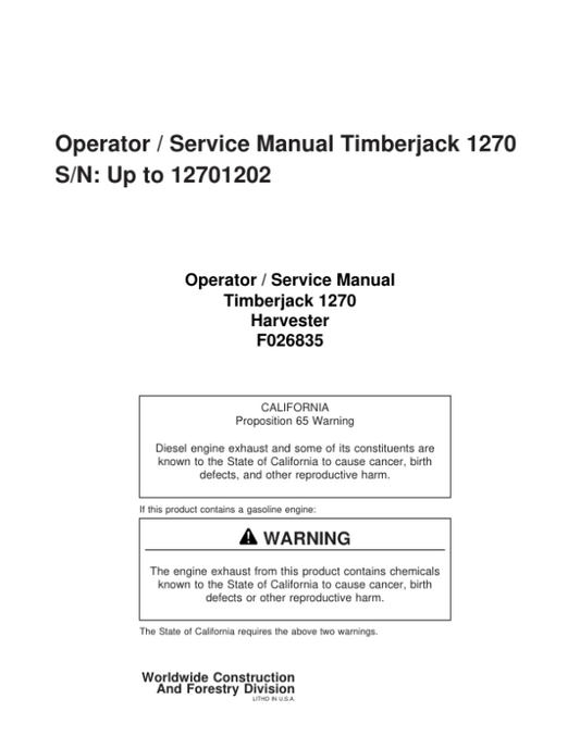 John Deere 1270 Wheeled Harvesters Operator’s Manuals (F026835) Workshop Guide