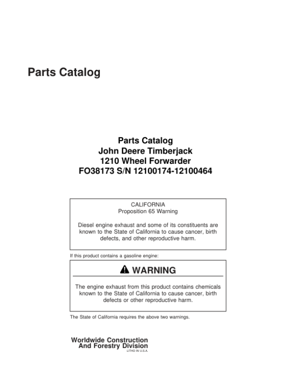 Timberjack 1210 Forwarders (SN 12100174 – 12100464) Parts Catalog Manual Workshop Guide
