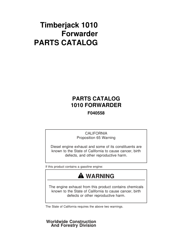 Timberjack 1010 Forwarders (SN 10101621–10101999) Parts Catalog Manual Workshop Guide