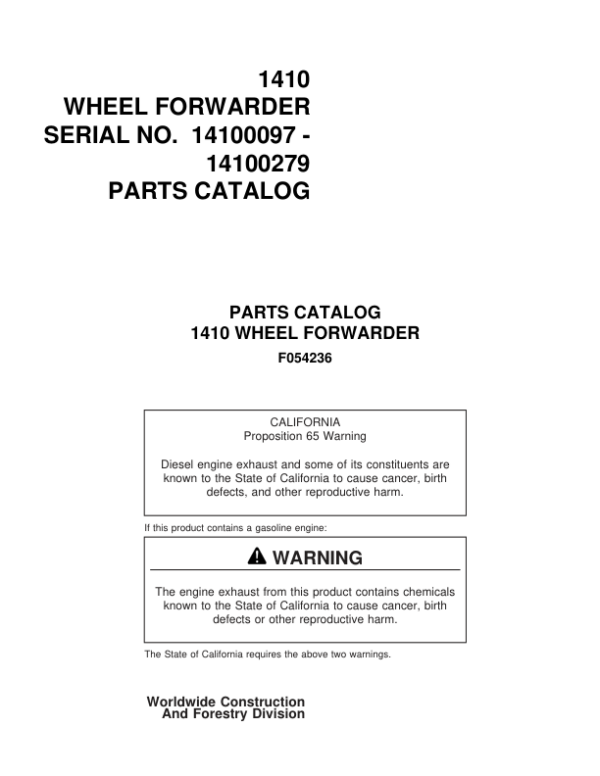 Timberjack 1410 Forwarders (SN 14100097-14100279) Parts Catalog Manual Workshop Guide