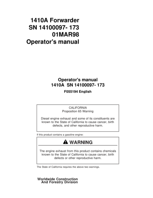 John Deere 1410 Forwarders Operator’s Manuals (F055194) Workshop Guide
