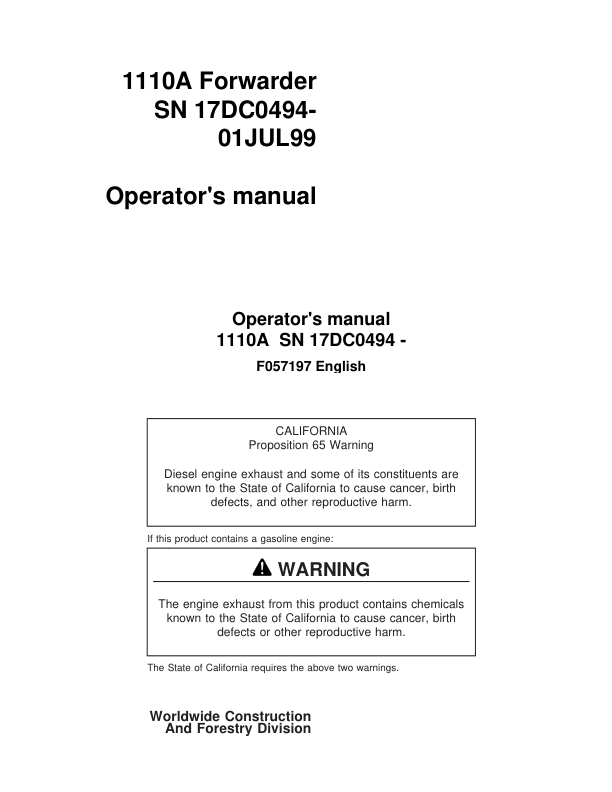 John Deere 1110 Forwarders Operator’s Manuals (F055197) Workshop Guide