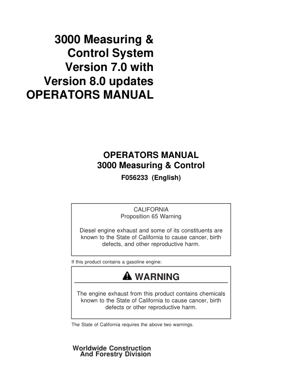 John Deere TJ3000 Measuring And Control Systems Operator’s Manuals (F056233) Workshop Guide