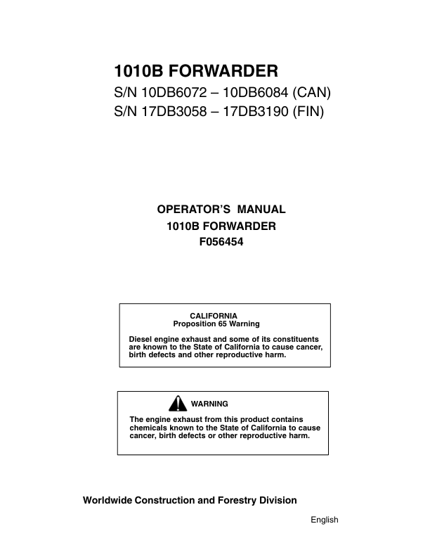 John Deere 1010B Forwarders Operator’s Manuals (F056454) Workshop Guide