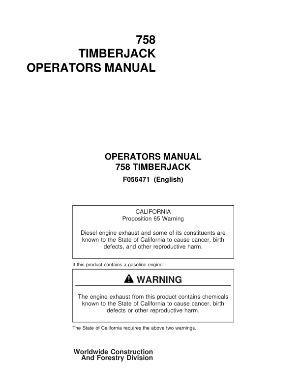 John Deere 758 Harvesting Heads Operator’s Manuals (F056471) Workshop Guide