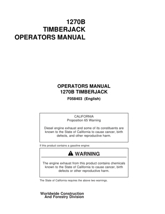 John Deere 1270B Wheeled Harvesters Operator’s Manuals (F058403) Workshop Guide