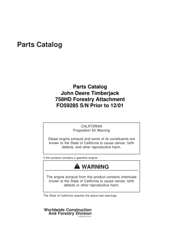 Timberjack 758HD Harvesting Heads (Prior to 03 Jan 21) Parts Catalog Manual Workshop Guide
