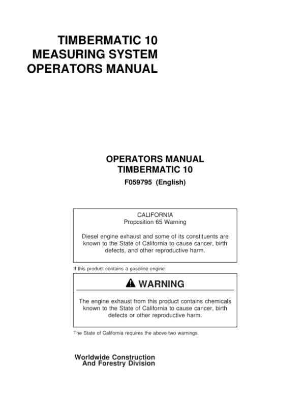 John Deere TIMBERMATIC 10 Measuring Systems Operator’s Manuals (F059795) Workshop Guide