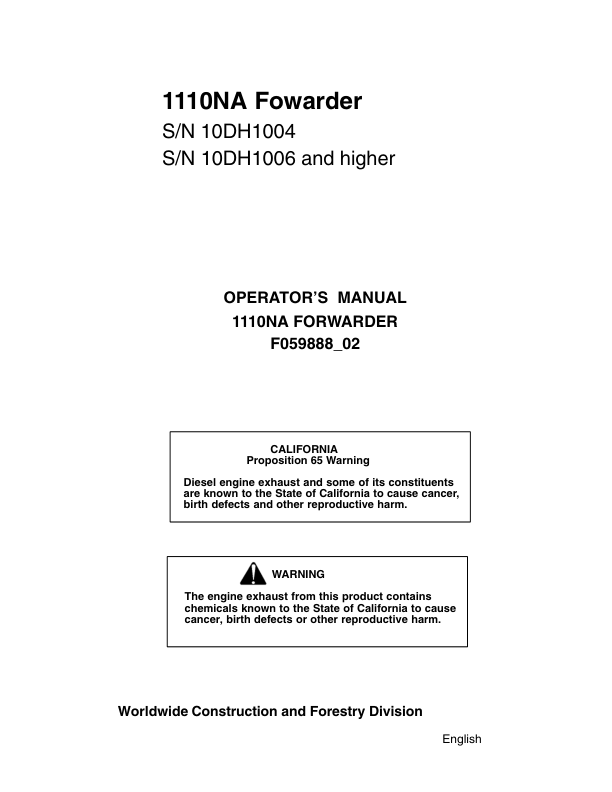 John Deere 1110NA Forwarders Operator’s Manuals (F059888) Workshop Guide