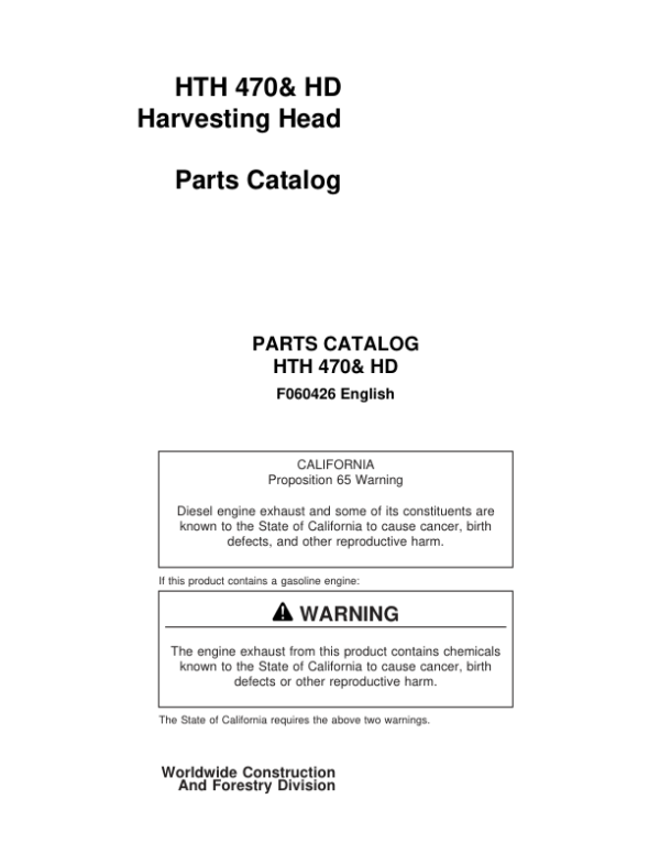 Waratah HTH470, HTH470HD Harvesting Heads Parts Catalog Manual Workshop Guide