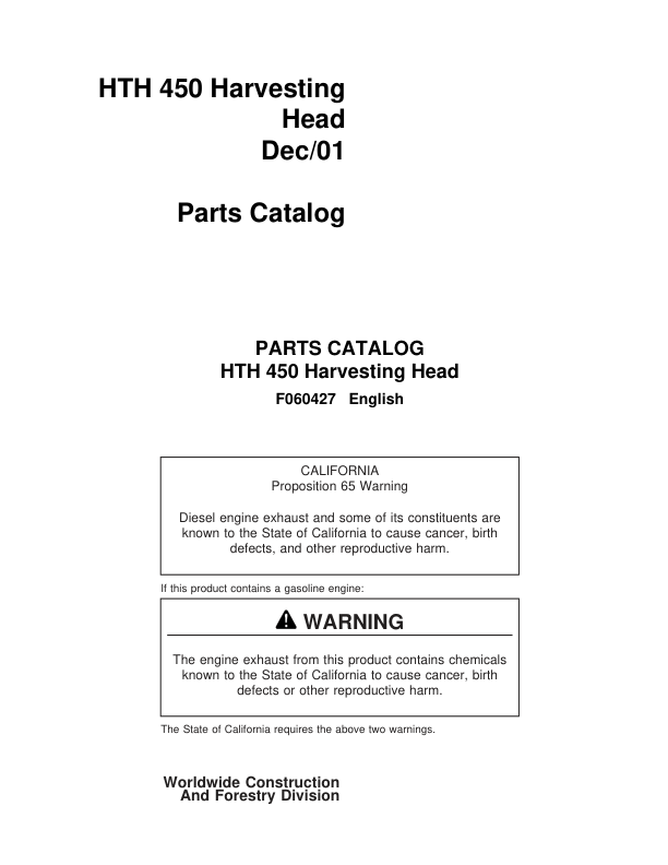 Waratah HTH450 Harvesting Heads Parts Catalog Manual Workshop Guide