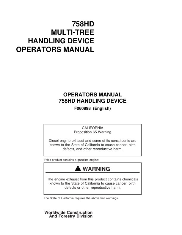 John Deere 758HD Harvesting Heads Operator’s Manuals (F060898) Workshop Guide