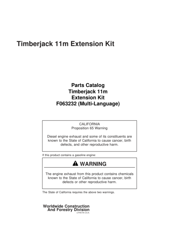 Timberjack 11m Extension Kit Booms Parts Catalog Manual – F063232 Workshop Guide