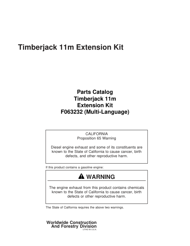 Timberjack 11m Extension Kit Booms Parts Catalog Manual – F063232 Workshop Guide