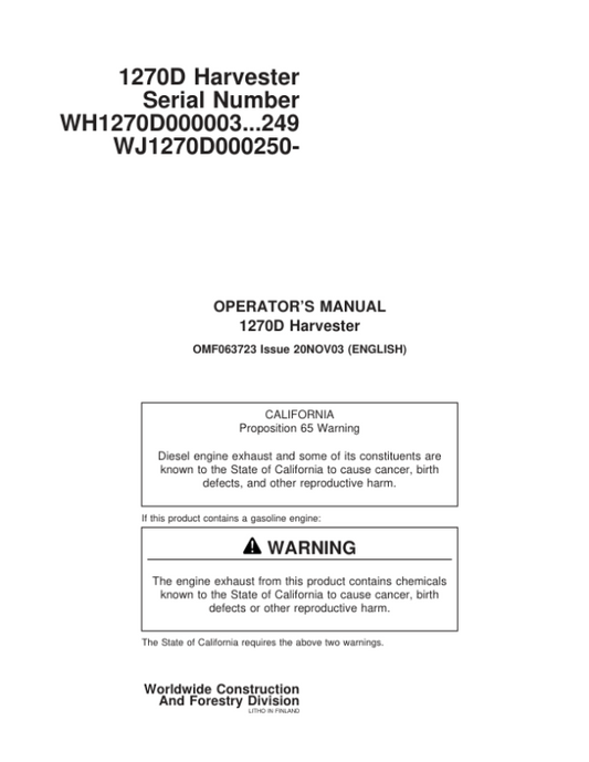 John Deere 1270D Wheeled Harvesters Operator’s Manuals (F063723) Workshop Guide