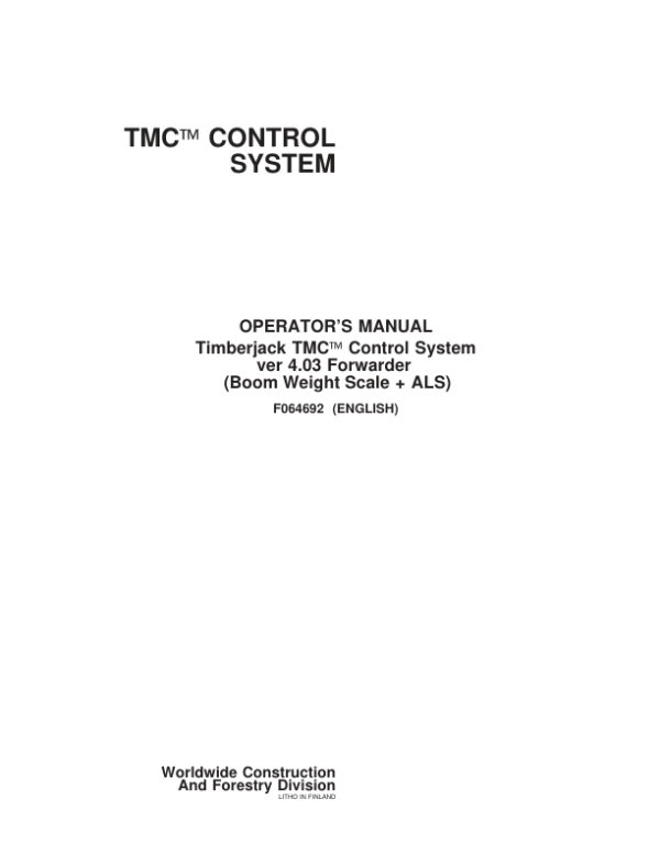 John Deere TMC Control Systems Operator’s Manuals (F064692) Workshop Guide