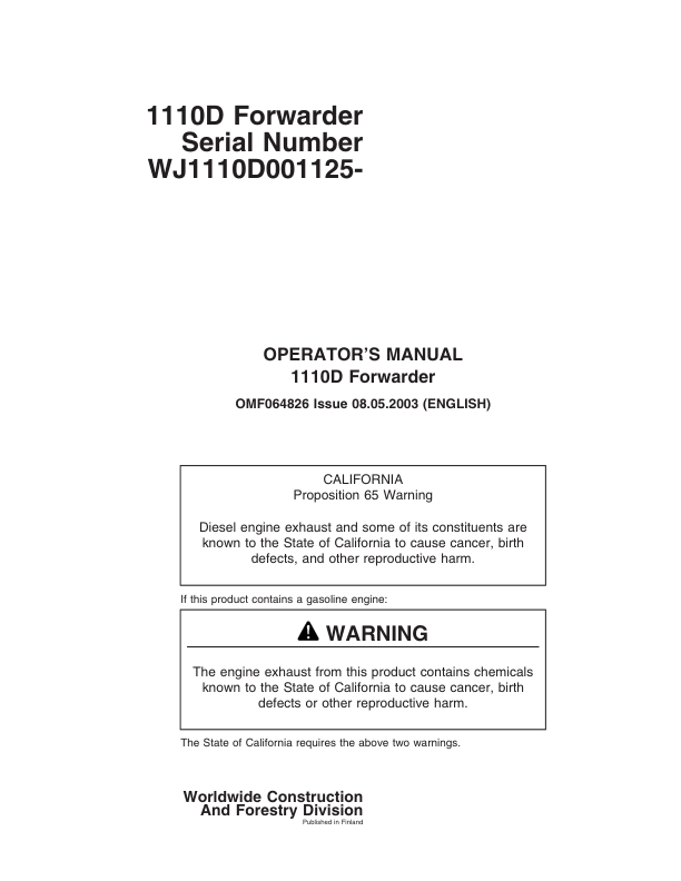 John Deere 1110D Forwarders Operator’s Manuals (F064826) Workshop Guide