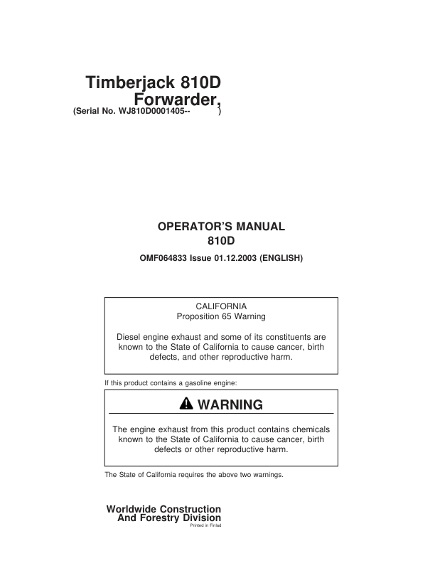 John Deere 810D Forwarders Operator’s Manuals (F064833) Workshop Guide