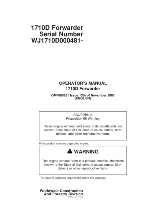 John Deere 1710D Forwarders Operator’s Manuals (F065851) Workshop Guide