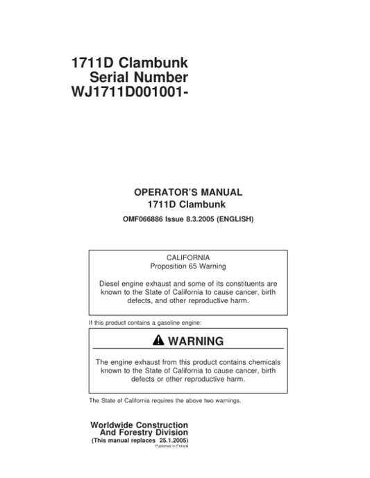 John Deere 1711D Clambunk Operator’s Manuals (F066886) Workshop Guide