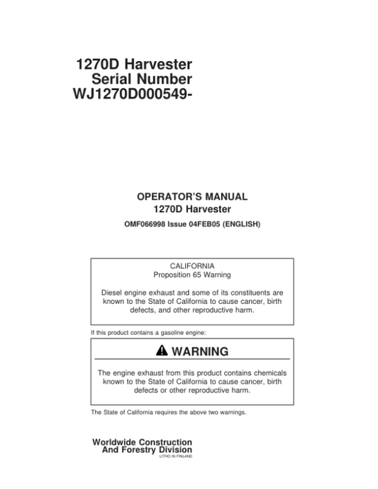 John Deere 1270D Wheeled Harvesters Operator’s Manuals (F066998) Workshop Guide