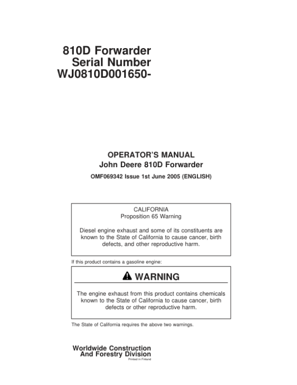 John Deere 810D Forwarders Operator’s Manuals (F069342) Workshop Guide
