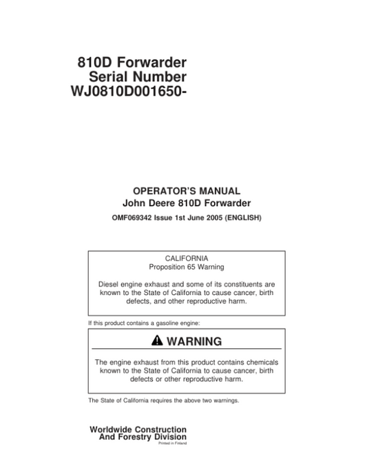John Deere 810D Forwarders Operator’s Manuals (F069342) Workshop Guide
