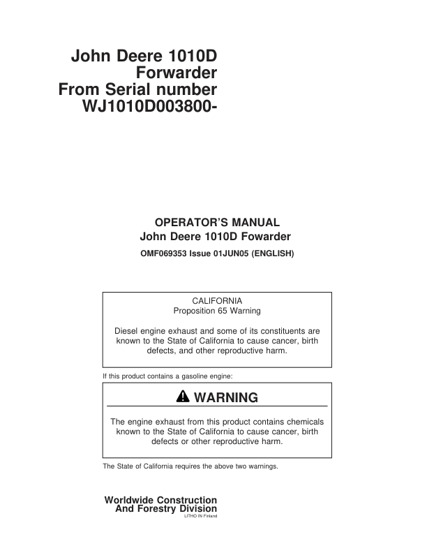 John Deere 1010D Forwarders Operator’s Manuals (F069353) Workshop Guide