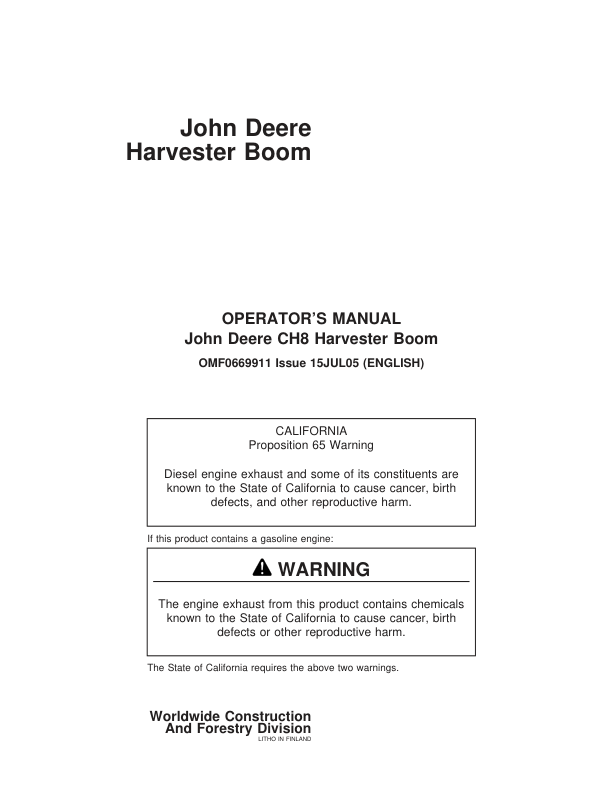 John Deere CH8 Booms Operator’s Manuals (F069911) Workshop Guide
