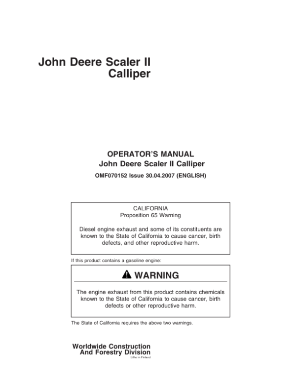 John Deere SCALER CALLIPER Measuring And Control Systems Operator’s Manuals (F070152) Workshop Guide