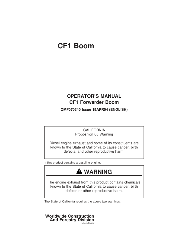 John Deere CF1 Booms Operator’s Manuals (F070340) Workshop Guide