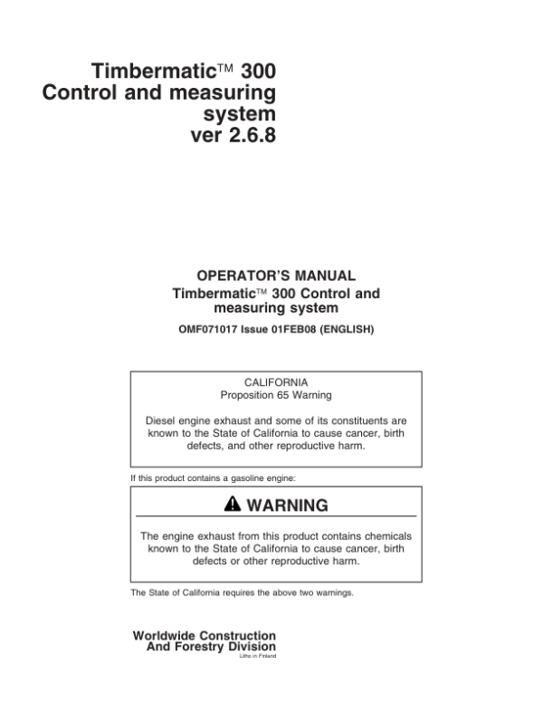 John Deere TIMBERMATIC 300 TIMBERJACK Measuring And Control Systems Operator’s Manuals (F071017) Workshop Guide