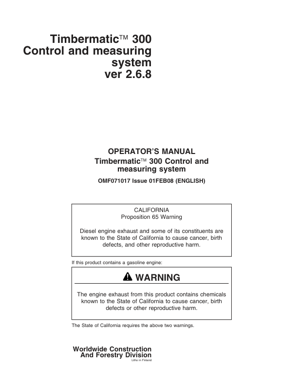 John Deere TIMBERMATIC 300 TIMBERJACK Measuring And Control Systems Operator’s Manuals (F071017) Workshop Guide