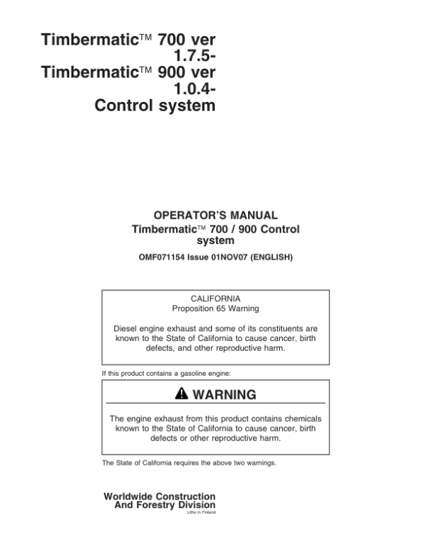 John Deere TIMBERMATIC 700, TIMBERMATIC 900 Measuring And Control Systems Operator’s Manuals (F071154) Workshop Guide