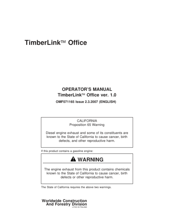 John Deere TIMBEROFFICE Measuring And Control Systems Operator’s Manuals (F071165) Workshop Guide